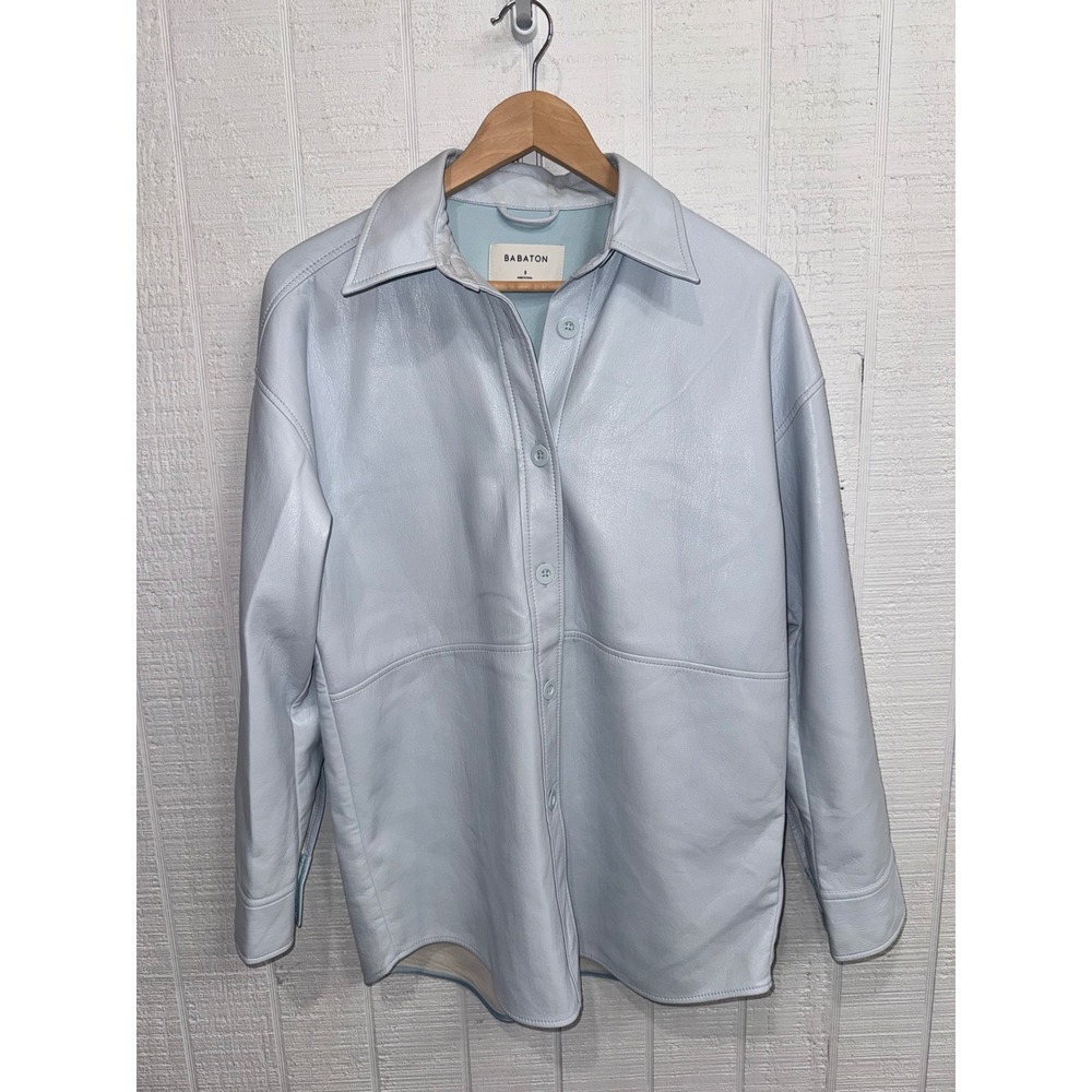 Babaton Pegu Shirt Jacket Women Small Light Blue Vegan Leather Shacket 90563